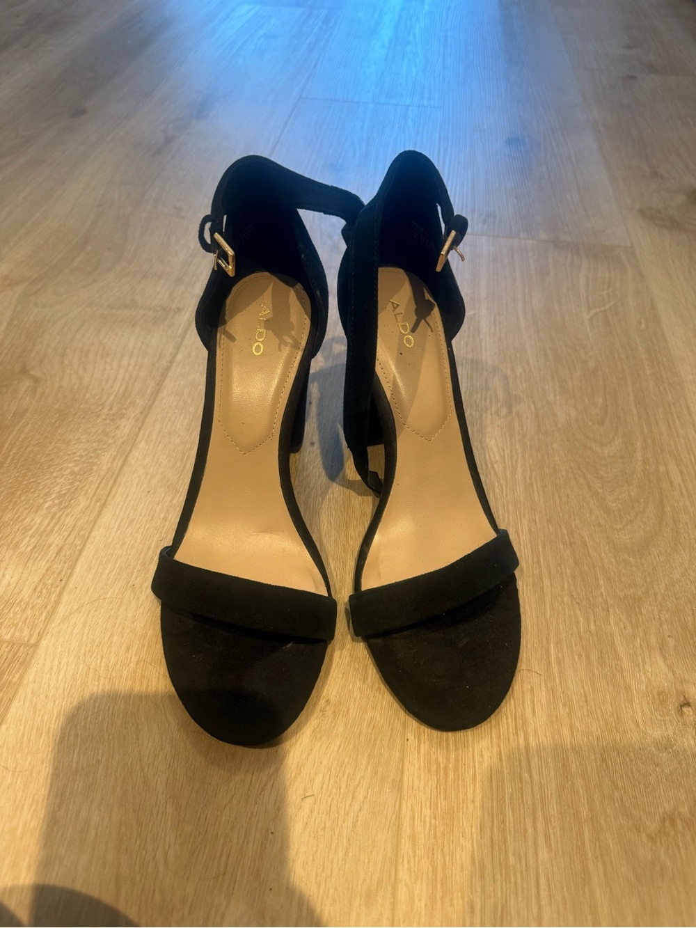 Aldo Black Suede Open-Toe Ankle Strap Heels